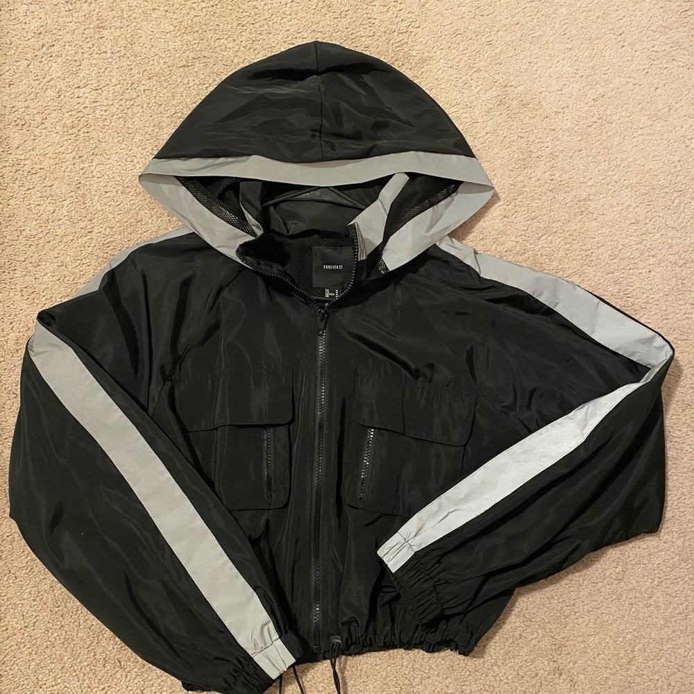 Forever 21 Black Hooded Windbreaker with Gray Reflective Stripes
